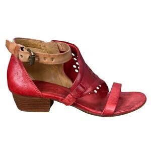 A.S.98 Red Leather Open-Toe Low Heel Sandals with Tan Ankle Strap